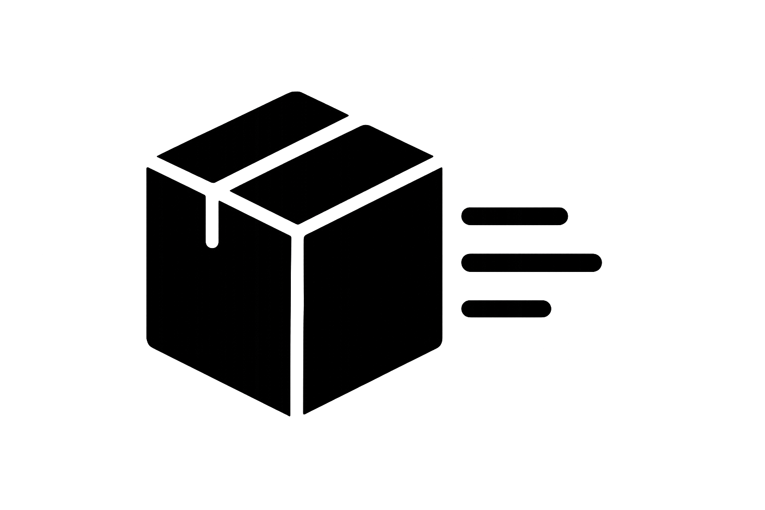 A flat, modern delivery icon. A black, closed cardboard box with clear white line details showing the edges and flaps. To the right of the box, three horizontal motion lines indicating speed. No gradients or shadows, high contrast, transparent background. The icon expresses fast shipping and reliability