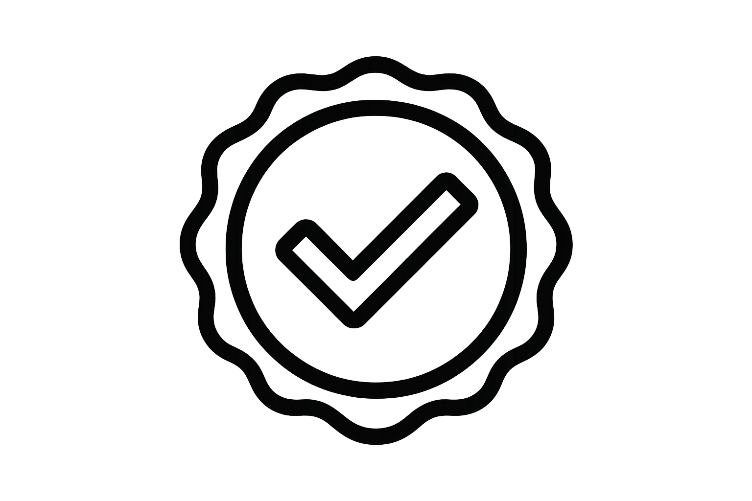 A modern, minimalistic flat icon of a satisfaction guarantee. A bold black circular seal with a thick outline, inside a large white checkmark centered. The design is clean and simple, with no gradients or shadows, on a transparent background. The icon radiates trust and positive assurance.